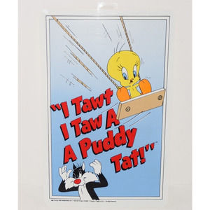 Vtg 1990 Warner Brothers I TAWT I TAW A PUDDY TAT Tweety & Sylvester Sign 11x17"